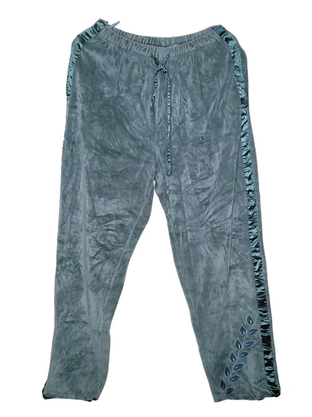 Vintage Maggie Starr Velour Pajama Set Medium Blue Satin Leaf Trim Loungewear - Picture 9 of 15